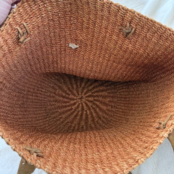 Handwoven Raffia Straw Market Tote Bag Leather Straps Boho Beach Resort Shopper - Picture 4 of 6